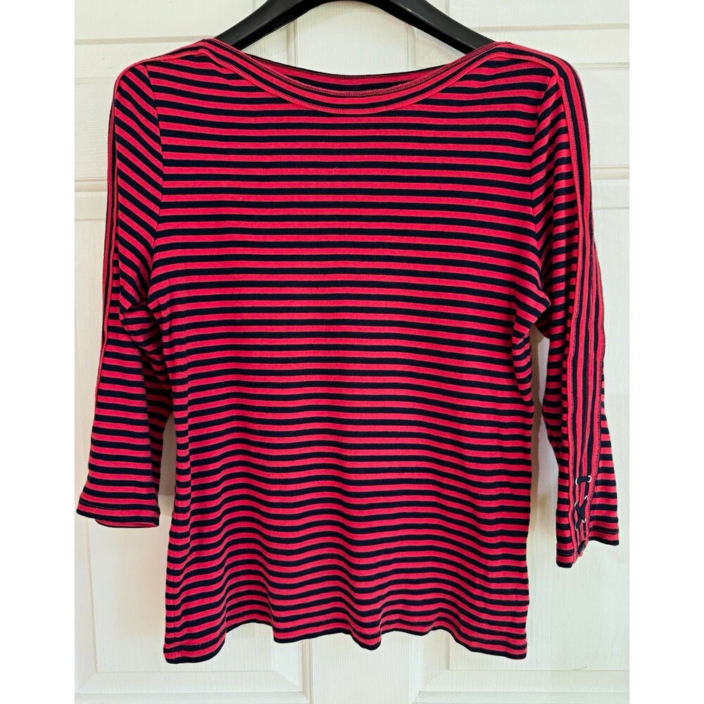 Chaps Women’s S Red Black Striped Boat Neck 3/4 Sleeve Knit Lace-Up Top